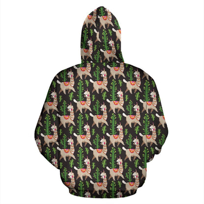 Alpaca Cactus Design Themed Print Pullover Hoodie