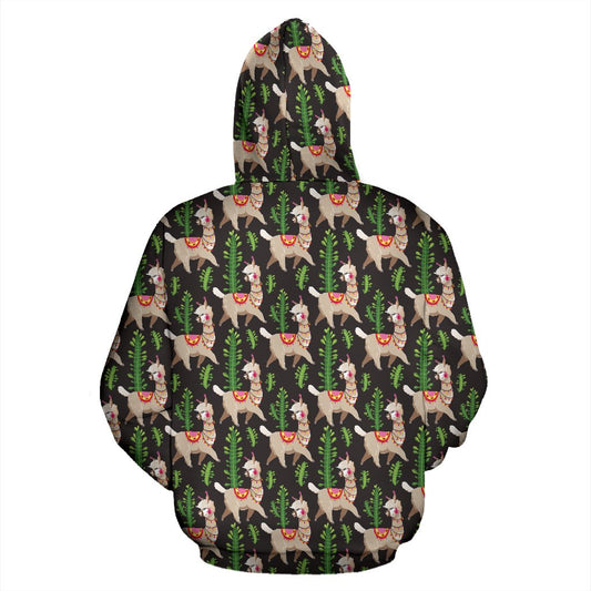 Alpaca Cactus Design Themed Print Pullover Hoodie