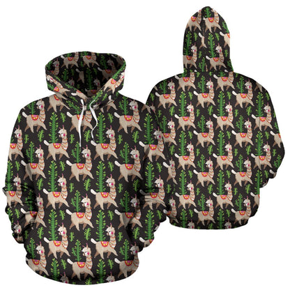 Alpaca Cactus Design Themed Print Pullover Hoodie