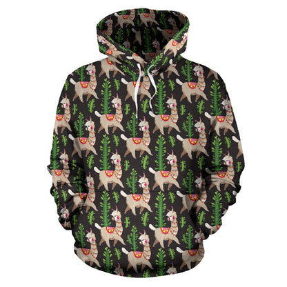 Alpaca Cactus Design Themed Print Pullover Hoodie