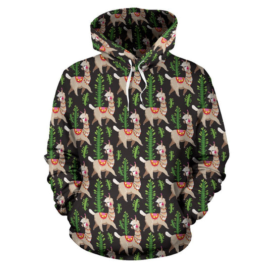 Alpaca Cactus Design Themed Print Pullover Hoodie