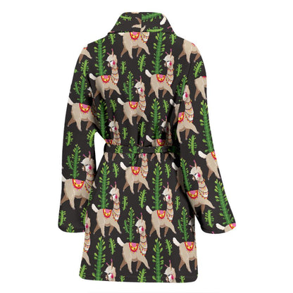 Alpaca Cactus Design Themed Print Women Bath Robe-JTAMIGO.COM