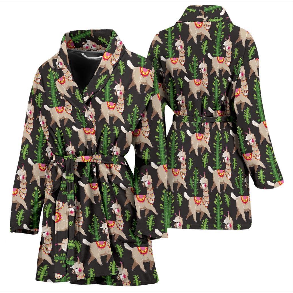 Alpaca Cactus Design Themed Print Women Bath Robe-JTAMIGO.COM