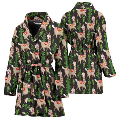 Alpaca Cactus Design Themed Print Women Bath Robe-JTAMIGO.COM
