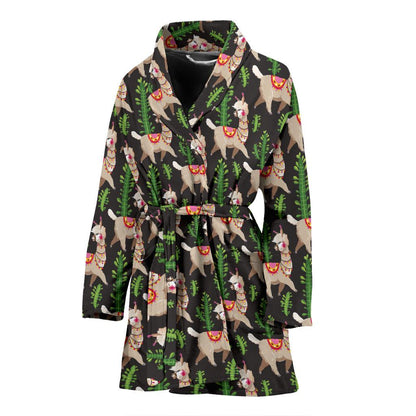 Alpaca Cactus Design Themed Print Women Bath Robe-JTAMIGO.COM