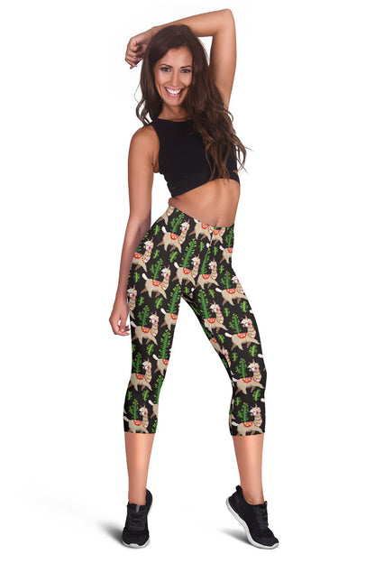 Alpaca Cactus Design Themed Print Women Capris