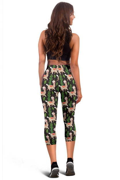 Alpaca Cactus Design Themed Print Women Capris