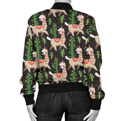 Alpaca Cactus Design Themed Print Women Casual Bomber Jacket