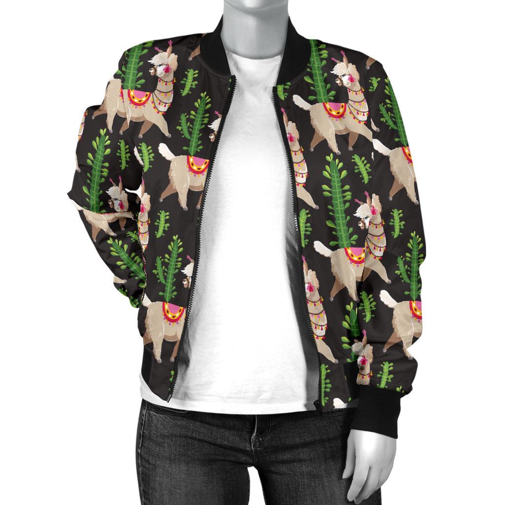 Alpaca Cactus Design Themed Print Women Casual Bomber Jacket