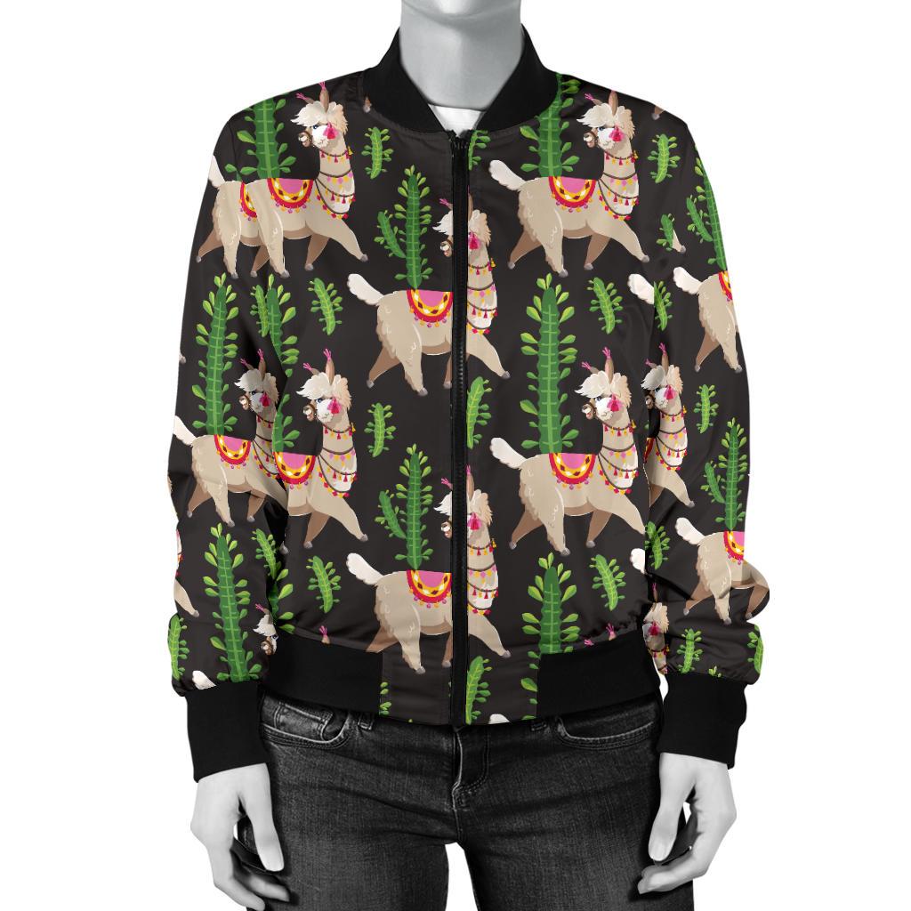 Alpaca Cactus Design Themed Print Women Casual Bomber Jacket