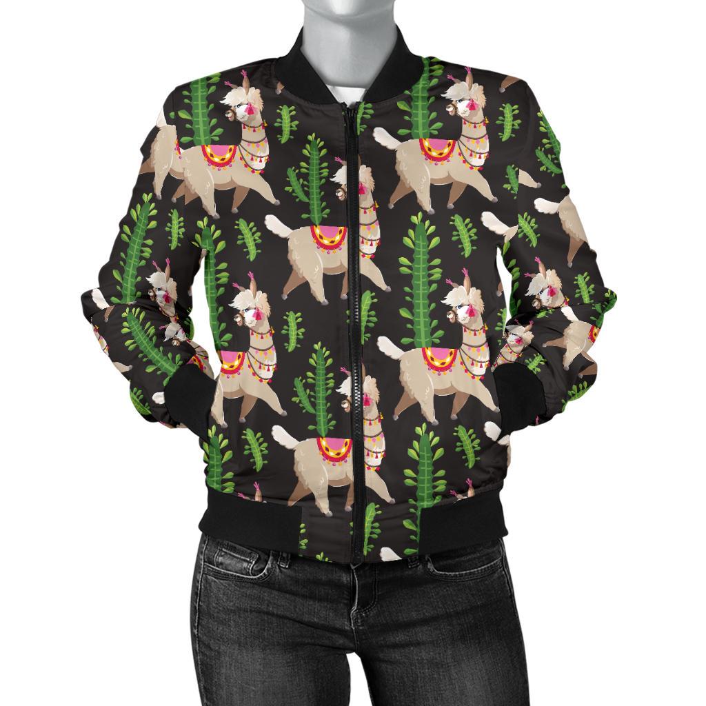 Alpaca Cactus Design Themed Print Women Casual Bomber Jacket