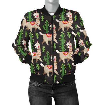 Alpaca Cactus Design Themed Print Women Casual Bomber Jacket