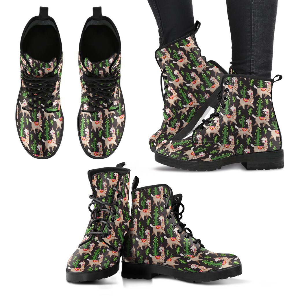 Alpaca Cactus Design Themed Print Women Leather Boots-JTAMIGO.COM