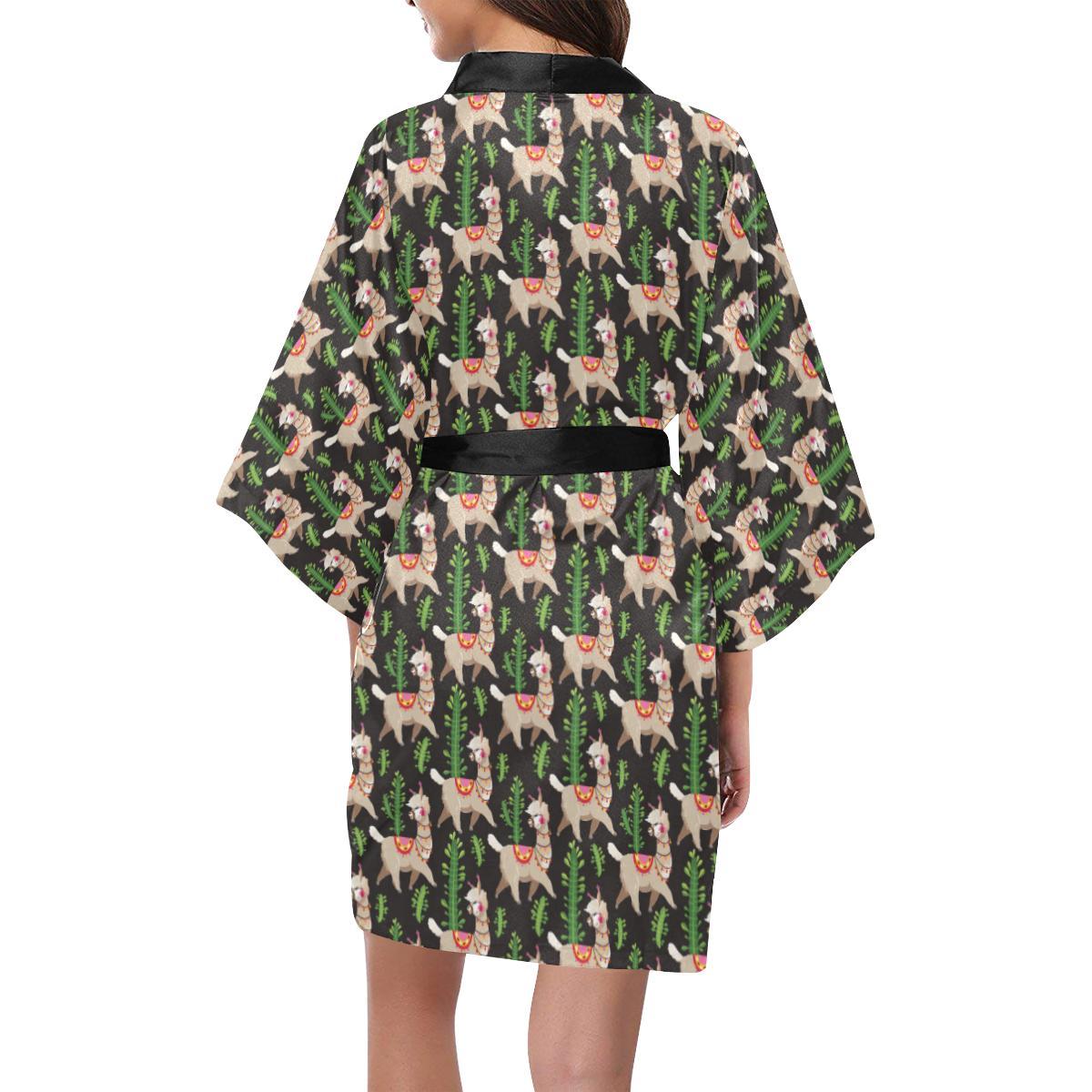 Alpaca Cactus Design Themed Print Women Short Kimono Robe