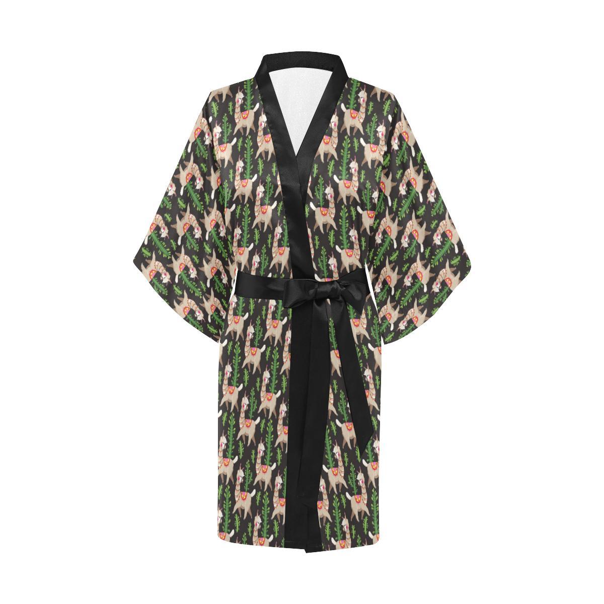 Alpaca Cactus Design Themed Print Women Short Kimono Robe