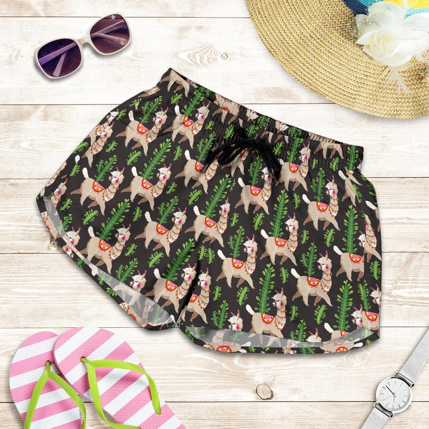Alpaca Cactus Design Themed Print Women Shorts-JTAMIGO.COM