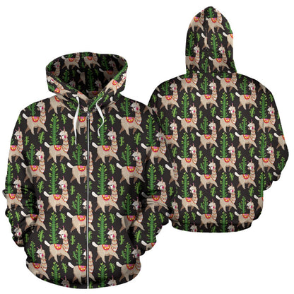 Alpaca Cactus Design Themed Print Zip Up Hoodie