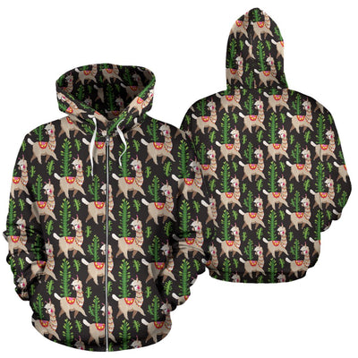 Alpaca Cactus Design Themed Print Zip Up Hoodie