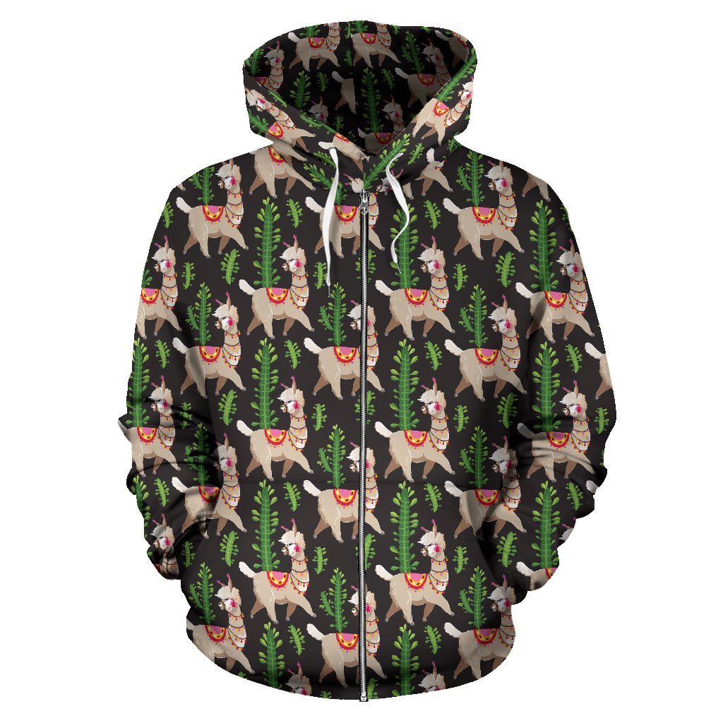 Alpaca Cactus Design Themed Print Zip Up Hoodie