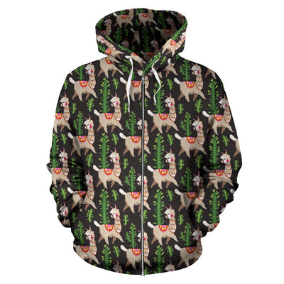 Alpaca Cactus Design Themed Print Zip Up Hoodie