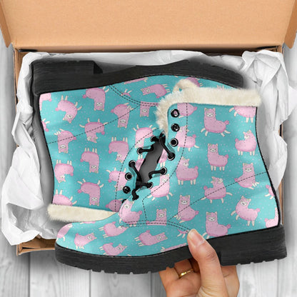 Alpaca Cartoon Design Themed Print Faux Fur Leather Boots-JTAMIGO.COM