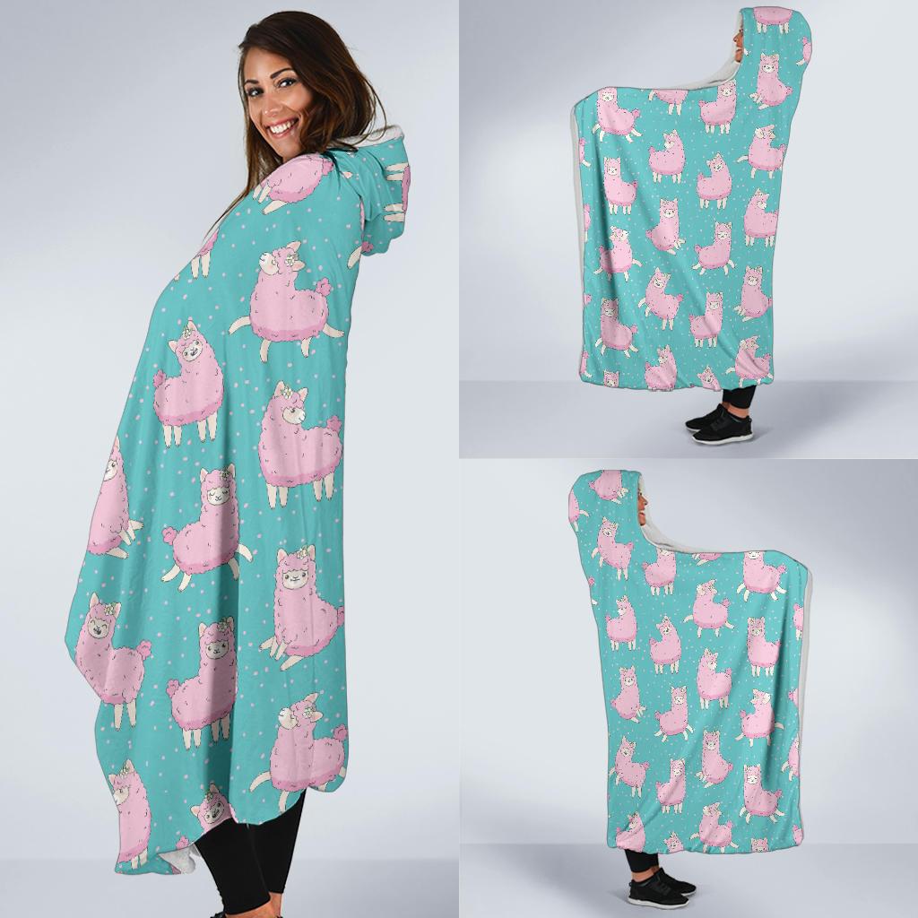 Alpaca Cartoon Design Themed Print Hooded Blanket-JTAMIGO.COM