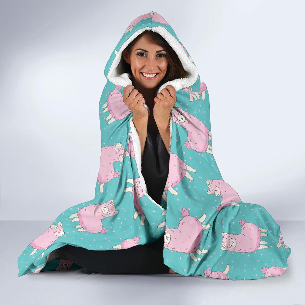 Alpaca Cartoon Design Themed Print Hooded Blanket-JTAMIGO.COM