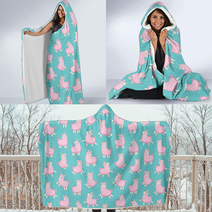 Alpaca Cartoon Design Themed Print Hooded Blanket-JTAMIGO.COM