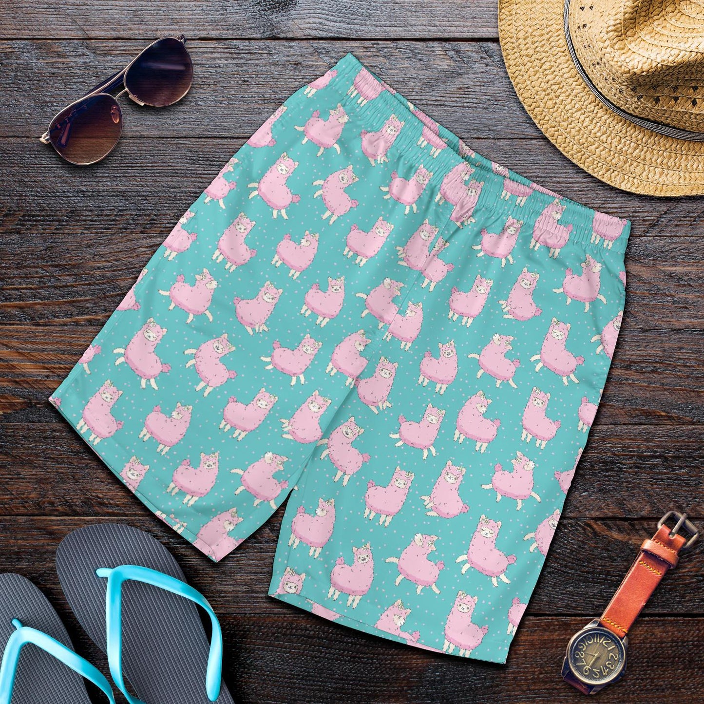 Alpaca Cartoon Design Themed Print Mens Shorts-JTAMIGO.COM