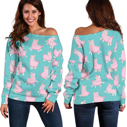 Alpaca Cartoon Design Themed Print Off Shoulder Sweatshirt