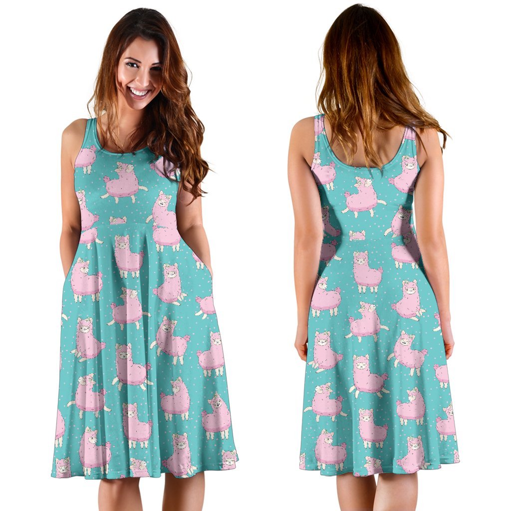 Alpaca Cartoon Design Themed Print Sleeveless Dress
