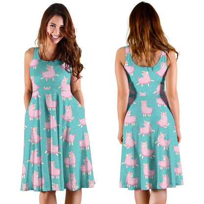 Alpaca Cartoon Design Themed Print Sleeveless Dress