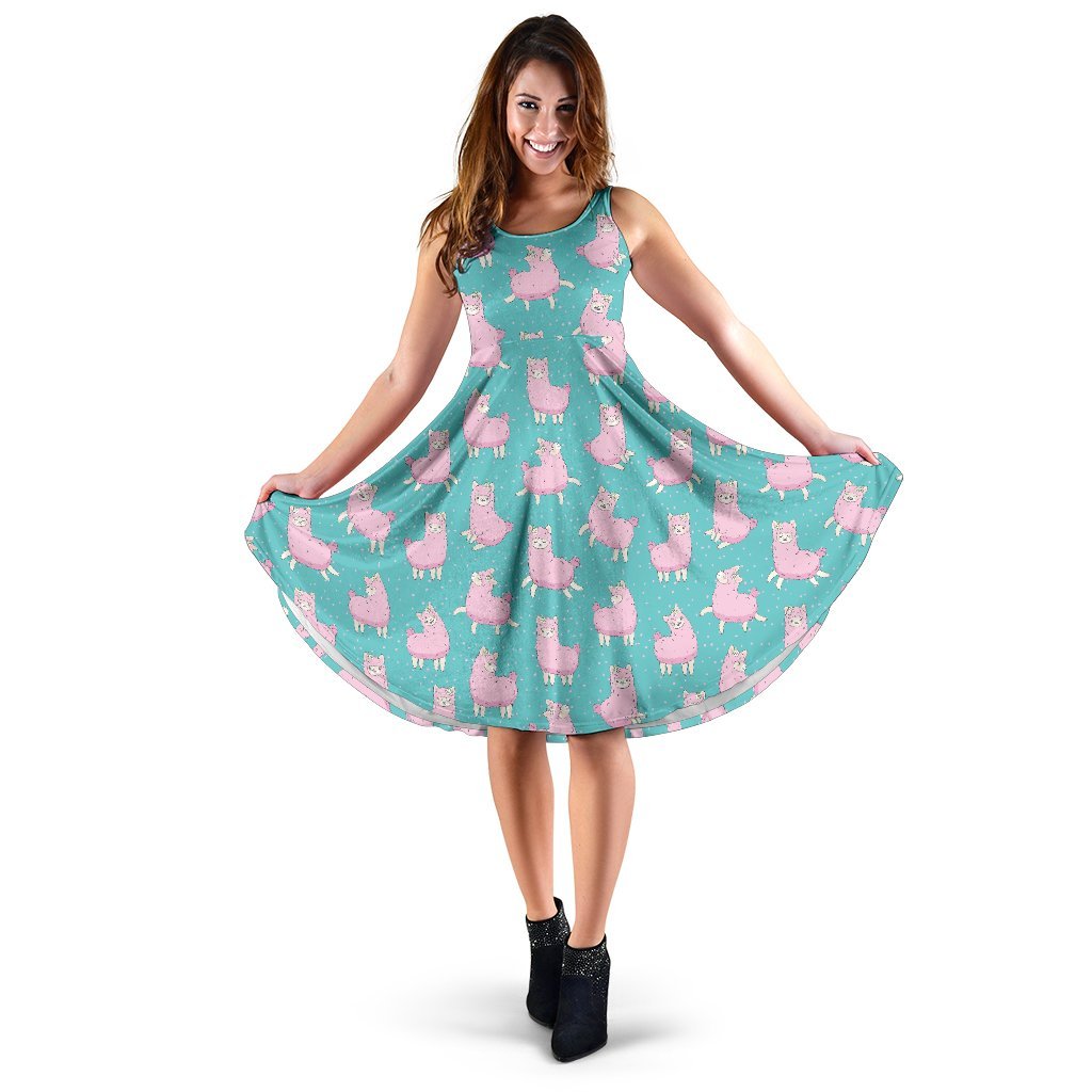Alpaca Cartoon Design Themed Print Sleeveless Dress