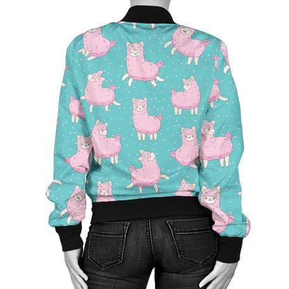 Alpaca Cartoon Design Themed Print Women Casual Bomber Jacket