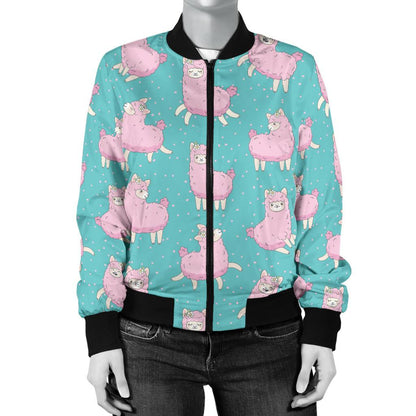 Alpaca Cartoon Design Themed Print Women Casual Bomber Jacket