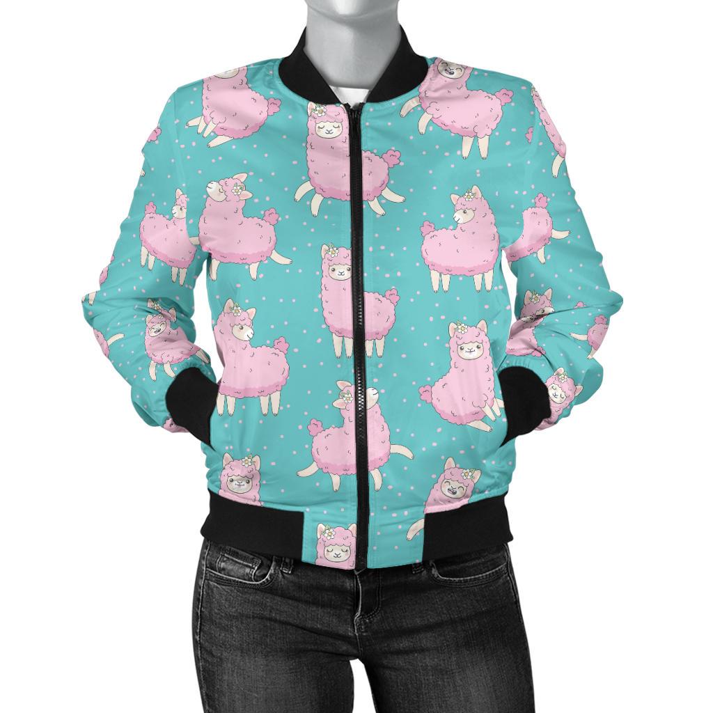Alpaca Cartoon Design Themed Print Women Casual Bomber Jacket
