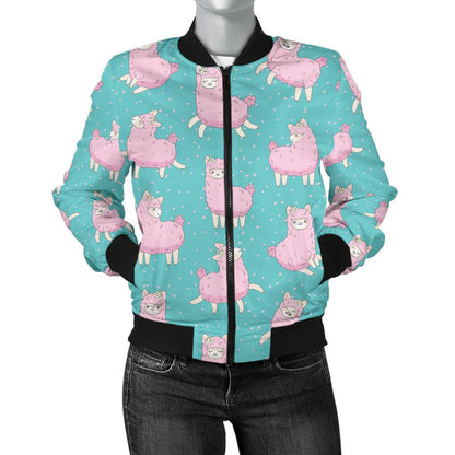 Alpaca Cartoon Design Themed Print Women Casual Bomber Jacket