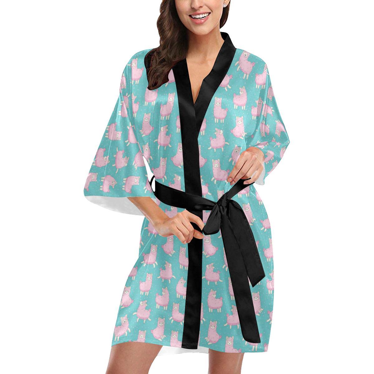Alpaca Cartoon Design Themed Print Women Short Kimono Robe