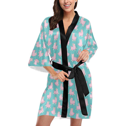 Alpaca Cartoon Design Themed Print Women Short Kimono Robe