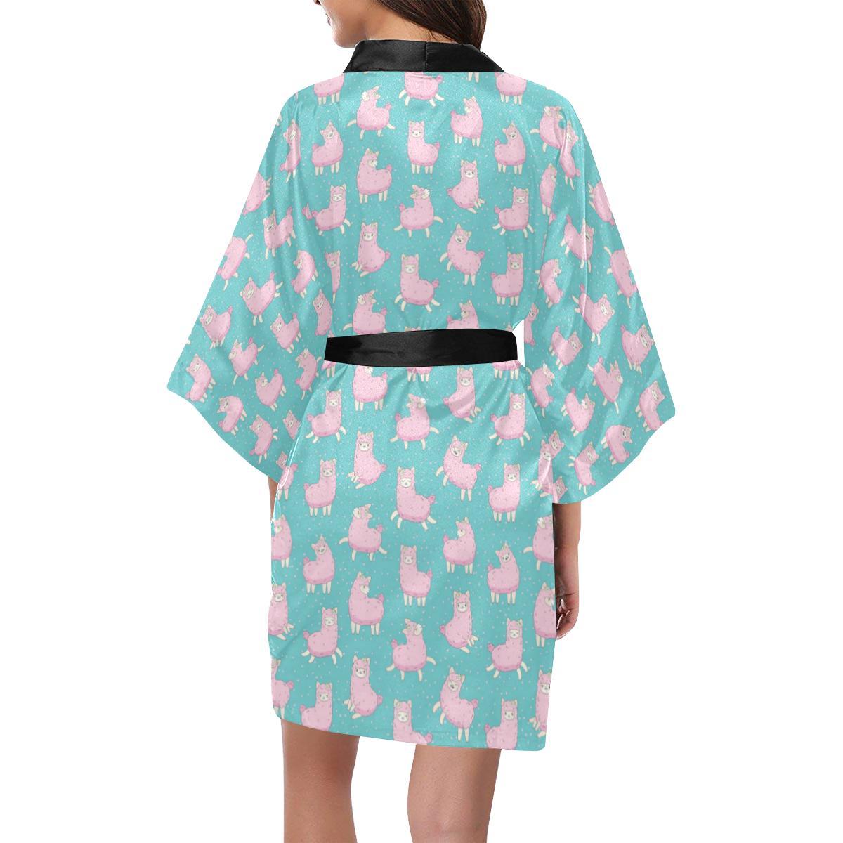 Alpaca Cartoon Design Themed Print Women Short Kimono Robe