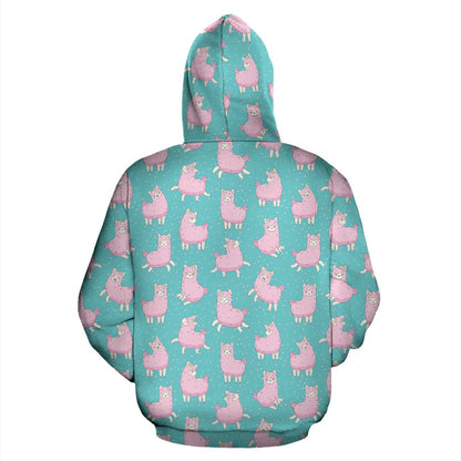 Alpaca Cartoon Design Themed Print Zip Up Hoodie