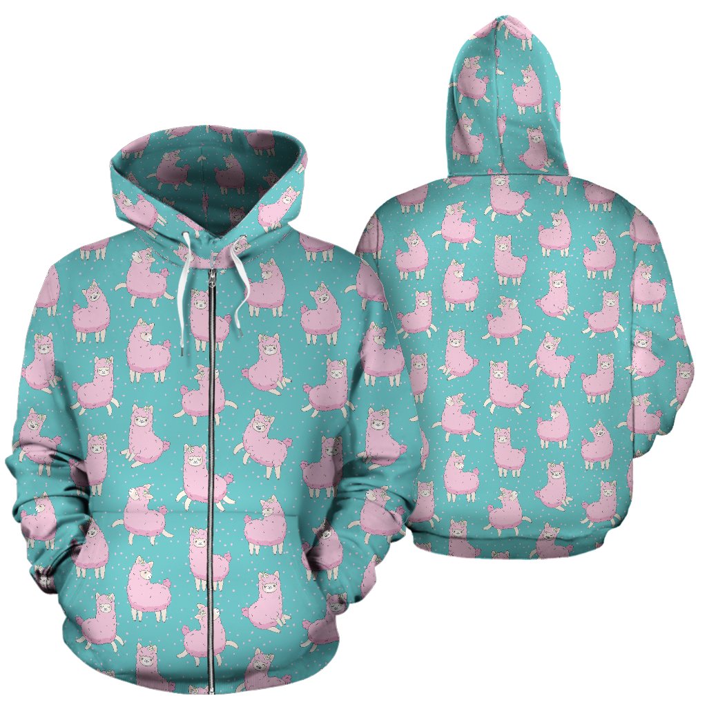 Alpaca Cartoon Design Themed Print Zip Up Hoodie