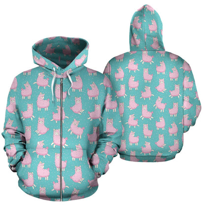 Alpaca Cartoon Design Themed Print Zip Up Hoodie