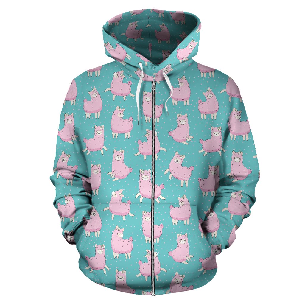 Alpaca Cartoon Design Themed Print Zip Up Hoodie