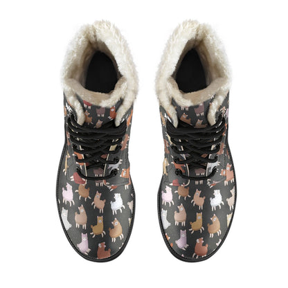 Alpaca Cute Design Themed Print Faux Fur Leather Boots-JTAMIGO.COM