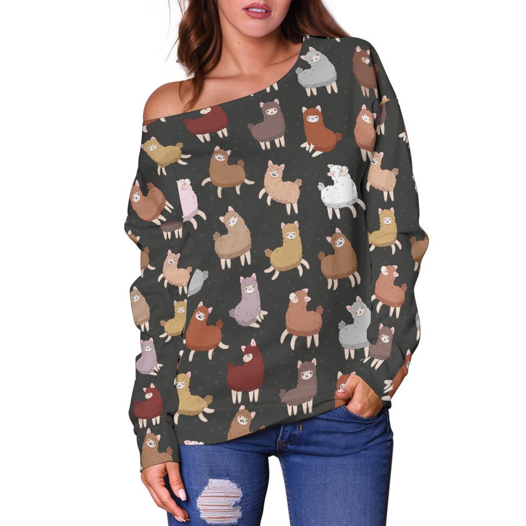 Alpaca Cute Design Themed Print Off Shoulder Sweatshirt