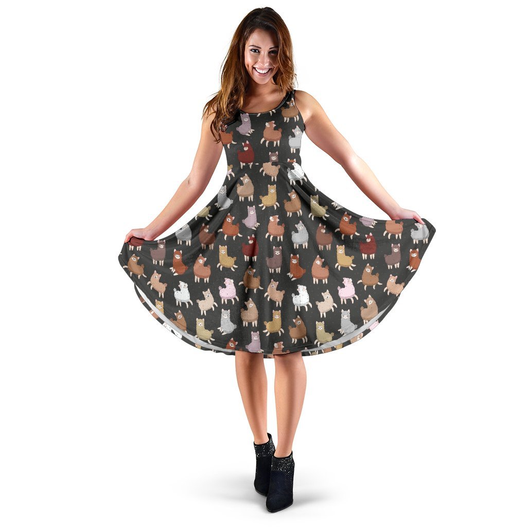 Alpaca Cute Design Themed Print Sleeveless Dress