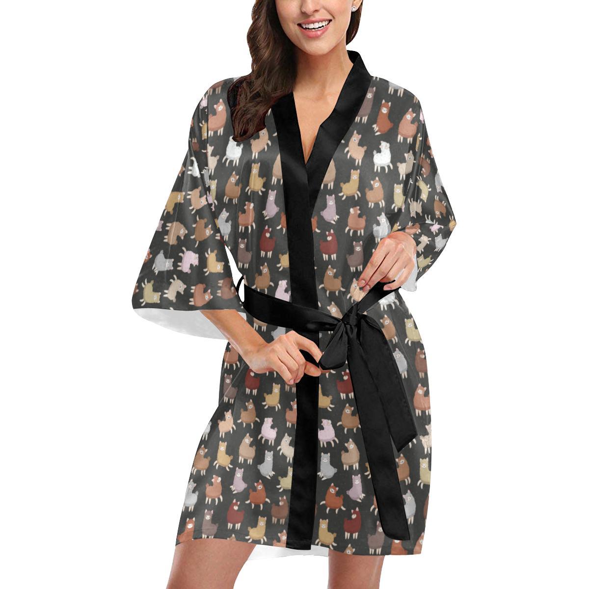 Alpaca Cute Design Themed Print Women Short Kimono Robe