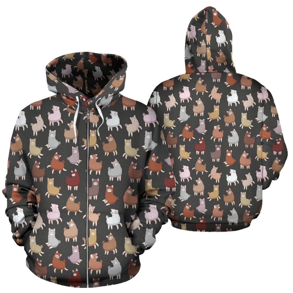 Alpaca Cute Design Themed Print Zip Up Hoodie