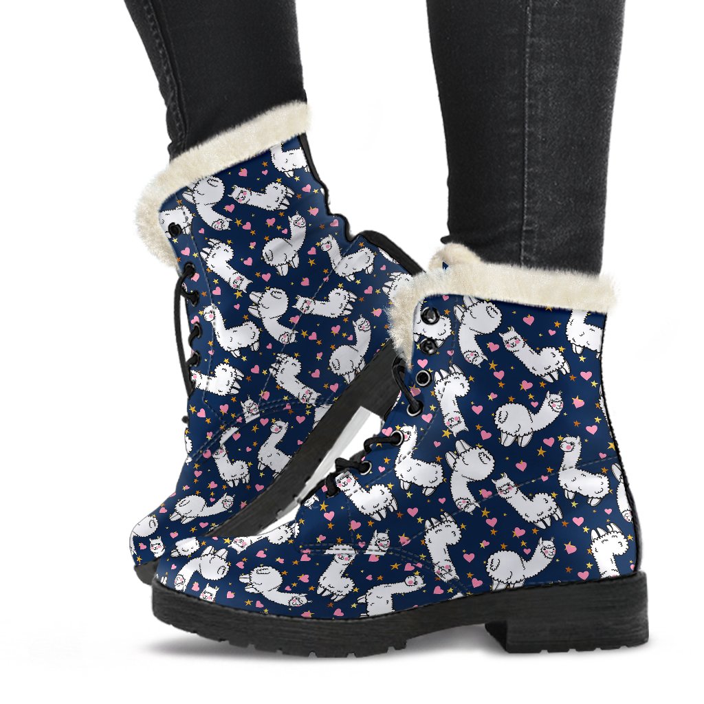 Alpaca Heart Star Design Themed Print Faux Fur Leather Boots-JTAMIGO.COM